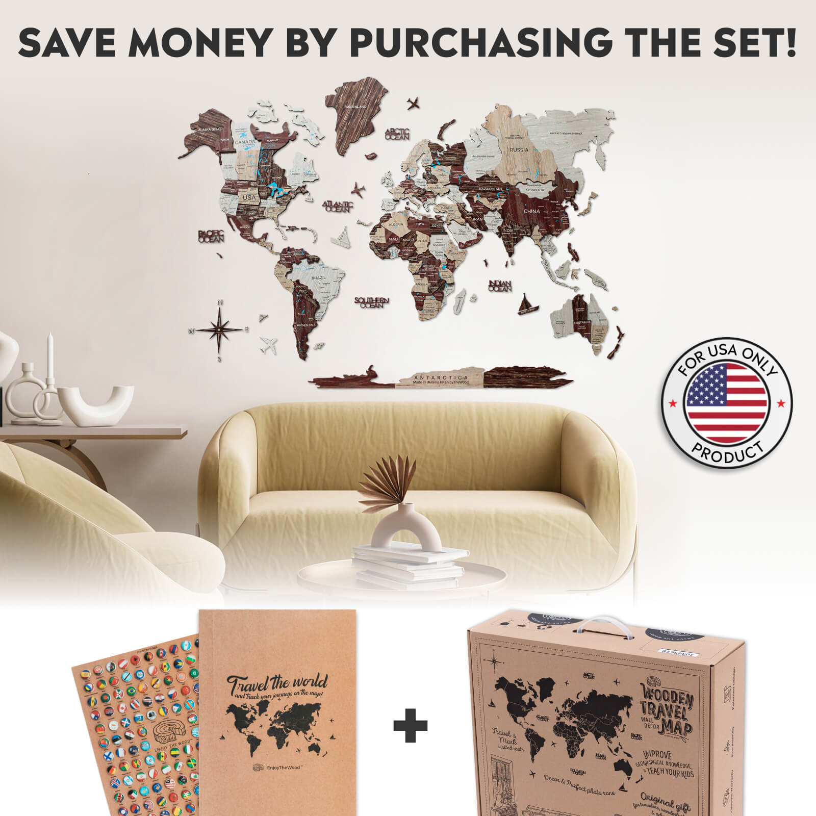 Travel Wall Decor Set: 3D Wooden Colored Map with Flag Pins - SJB-DIAMOND ELITES
