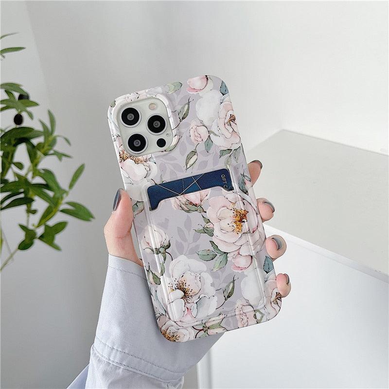 Marble Card Holder Flower Leopard Print Phone Case For iPhone 11 12 13 Pro Max Wallet Soft Silicone Cover Silicone Grey White Shiny Slim Soft Scratch Resistant Case Stevvex