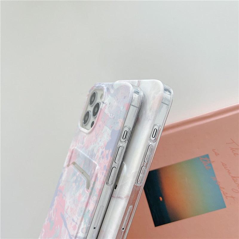 Marble Card Holder Flower Leopard Print Phone Case For iPhone 11 12 13 Pro Max Wallet Soft Silicone Cover Silicone Grey White Shiny Slim Soft Scratch Resistant Case Stevvex