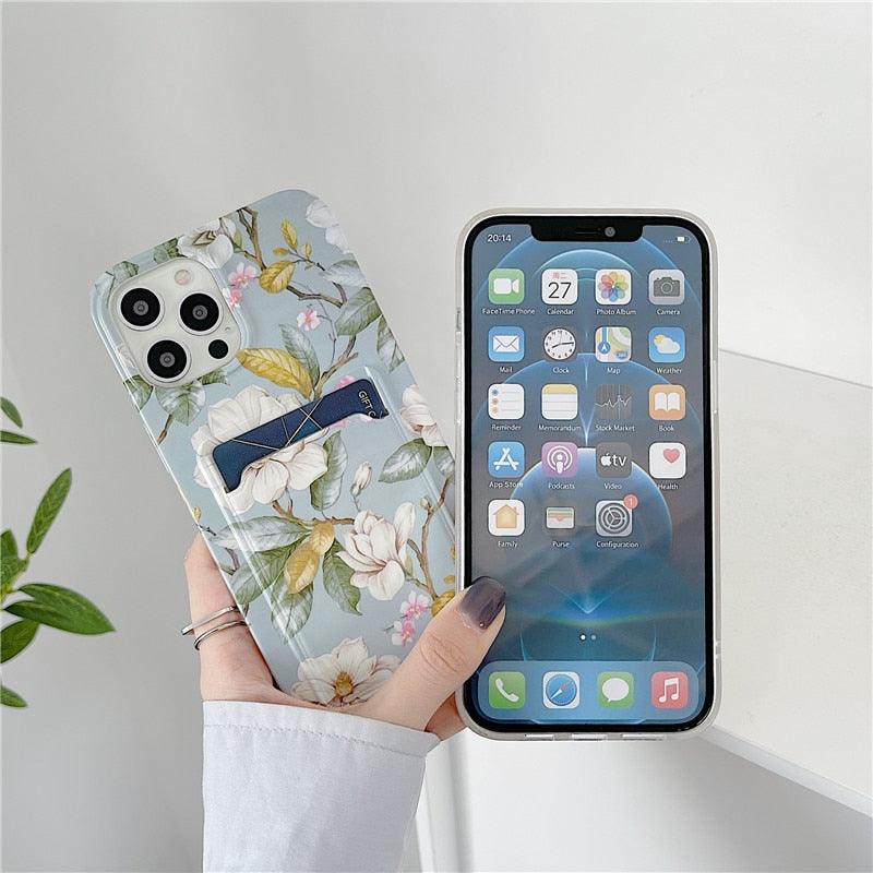Marble Card Holder Flower Leopard Print Phone Case For iPhone 11 12 13 Pro Max Wallet Soft Silicone Cover Silicone Grey White Shiny Slim Soft Scratch Resistant Case Stevvex