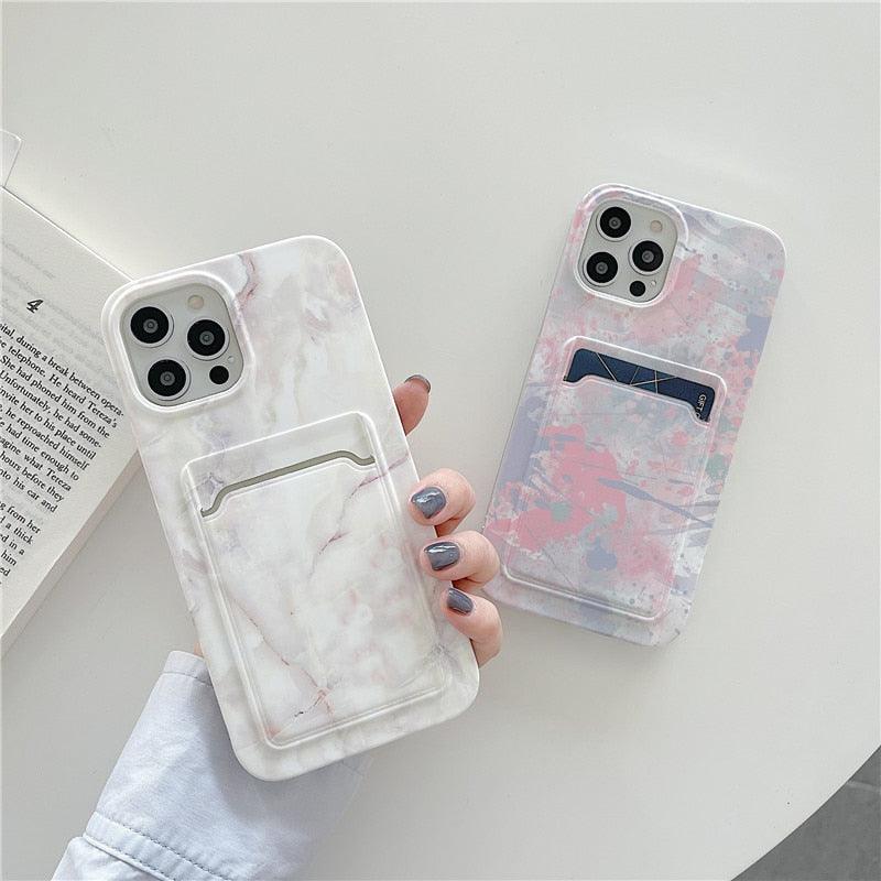 Marble Card Holder Flower Leopard Print Phone Case For iPhone 11 12 13 Pro Max Wallet Soft Silicone Cover Silicone Grey White Shiny Slim Soft Scratch Resistant Case Stevvex