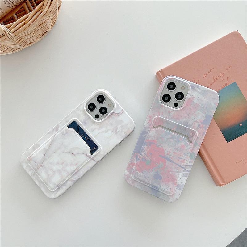 Marble Card Holder Flower Leopard Print Phone Case For iPhone 11 12 13 Pro Max Wallet Soft Silicone Cover Silicone Grey White Shiny Slim Soft Scratch Resistant Case Stevvex