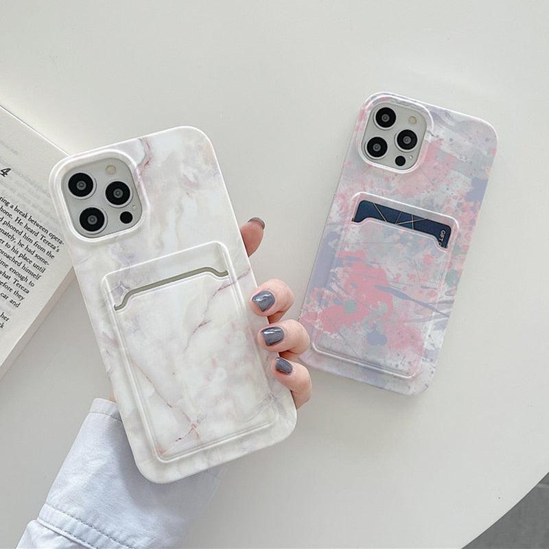 Marble Card Holder Flower Leopard Print Phone Case For iPhone 11 12 13 Pro Max Wallet Soft Silicone Cover Silicone Grey White Shiny Slim Soft Scratch Resistant Case Stevvex