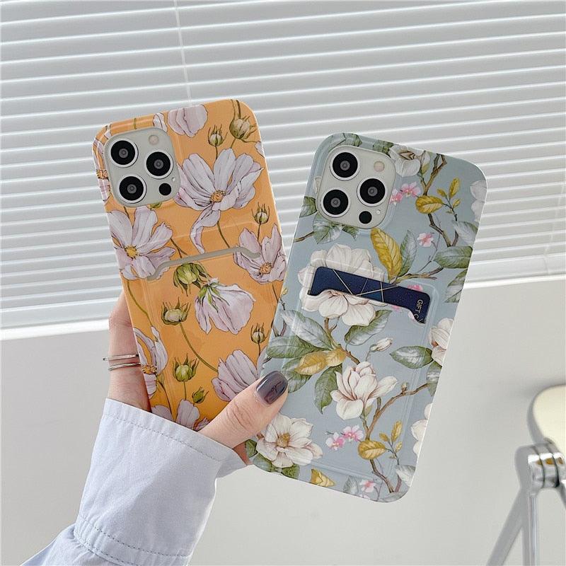 Marble Card Holder Flower Leopard Print Phone Case For iPhone 11 12 13 Pro Max Wallet Soft Silicone Cover Silicone Grey White Shiny Slim Soft Scratch Resistant Case Stevvex