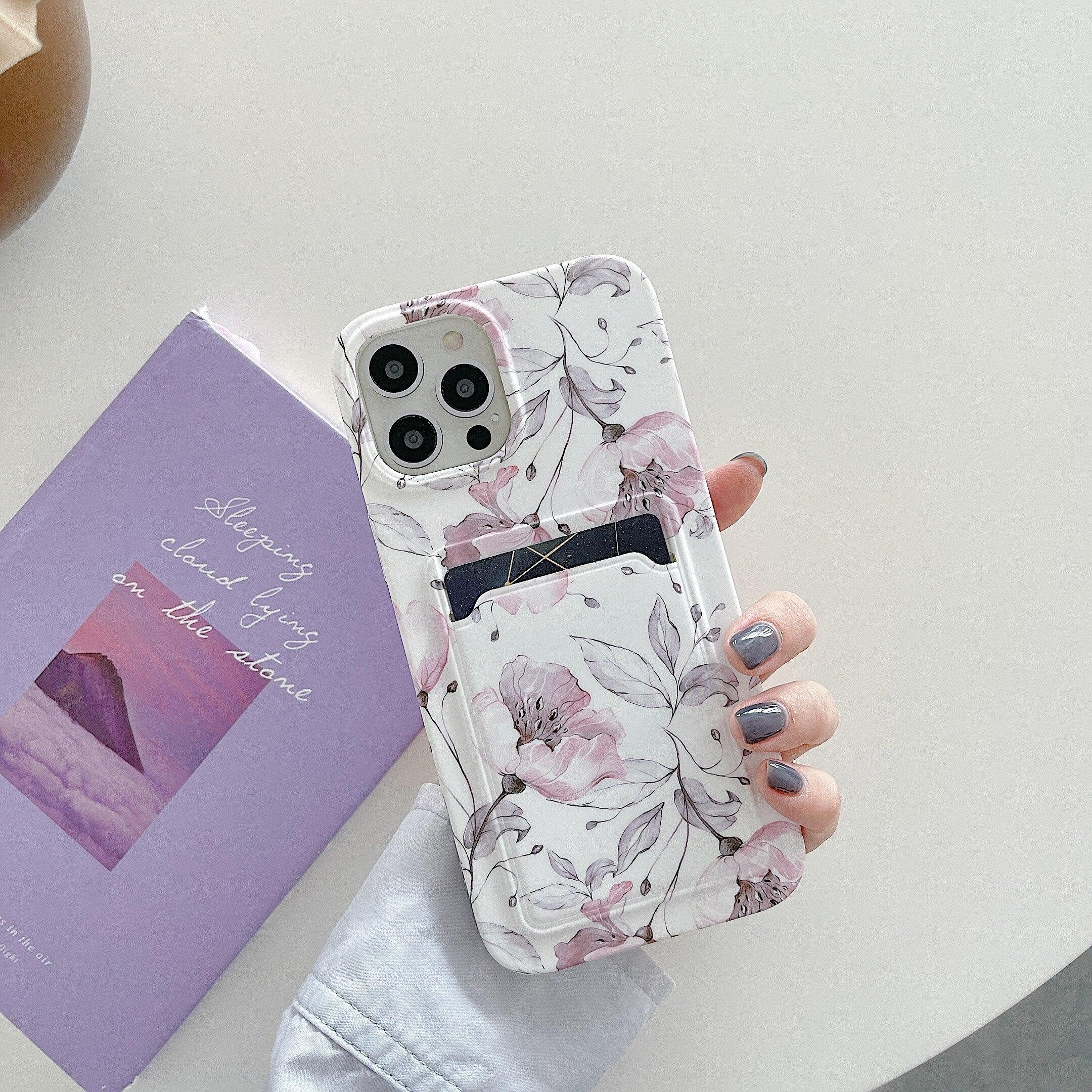 Marble Card Holder Flower Leopard Print Phone Case For iPhone 11 12 13 Pro Max Wallet Soft Silicone Cover Silicone Grey White Shiny Slim Soft Scratch Resistant Case Stevvex