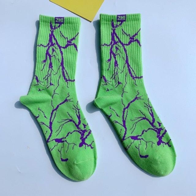 Marble Print Style Harajuku Skateboard Long Socks Creative Fun Lightning Hip Hop Style Socks Streetwear Casual Cotton Socks Unisex Street Couple Socks For Men And Women