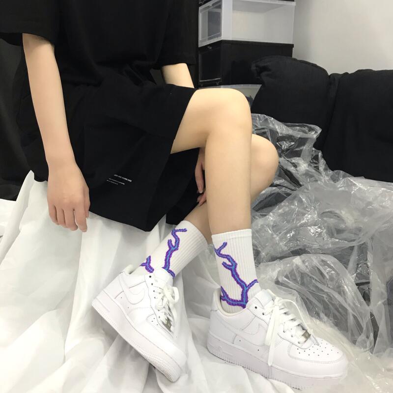 Marble Print Style Harajuku Skateboard Long Socks Creative Fun Lightning Hip Hop Style Socks Streetwear Casual Cotton Socks Unisex Street Couple Socks For Men And Women
