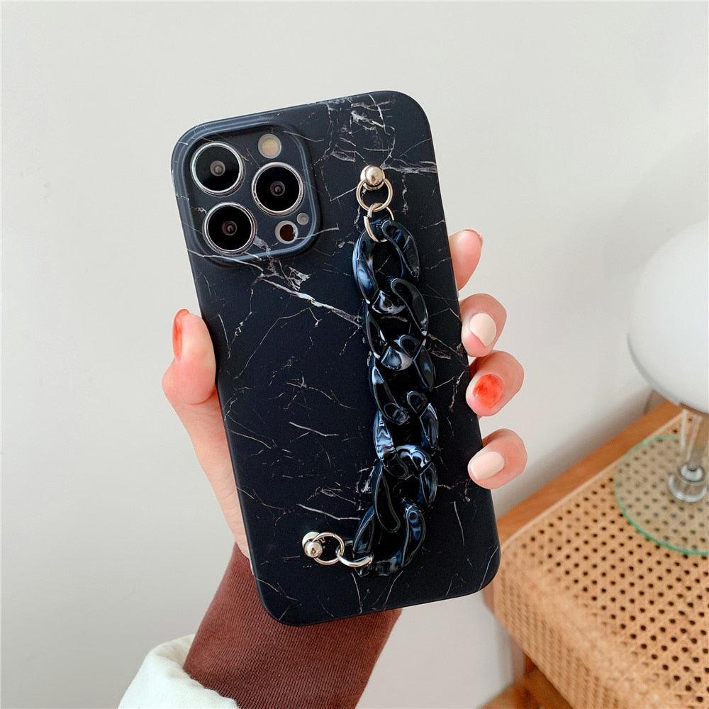 Marble Wriststrap Bracelet Chain Phone Case For iPhone 14 13 Pro Max 12 11 XS XR X 7 8 Plus SE 2020 Silicone Back Cover Colorful Silicone Fashion Pattern Ultra Thin Slim Bumper Shockproof Protective Case with Chain Wrist Strap Marble Iphone Case Stevvex