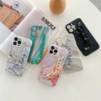 Marble Wriststrap Bracelet Chain Phone Case For iPhone 14 13 Pro Max 12 11 XS XR X 7 8 Plus SE 2020 Silicone Back Cover Colorful Silicone Fashion Pattern Ultra Thin Slim Bumper Shockproof Protective Case with Chain Wrist Strap Marble Iphone Case Stevvex