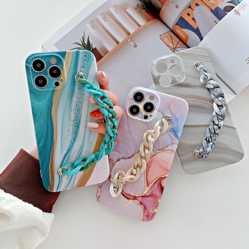 Marble Wriststrap Bracelet Chain Phone Case For iPhone 14 13 Pro Max 12 11 XS XR X 7 8 Plus SE 2020 Silicone Back Cover Colorful Silicone Fashion Pattern Ultra Thin Slim Bumper Shockproof Protective Case with Chain Wrist Strap Marble Iphone Case Stevvex