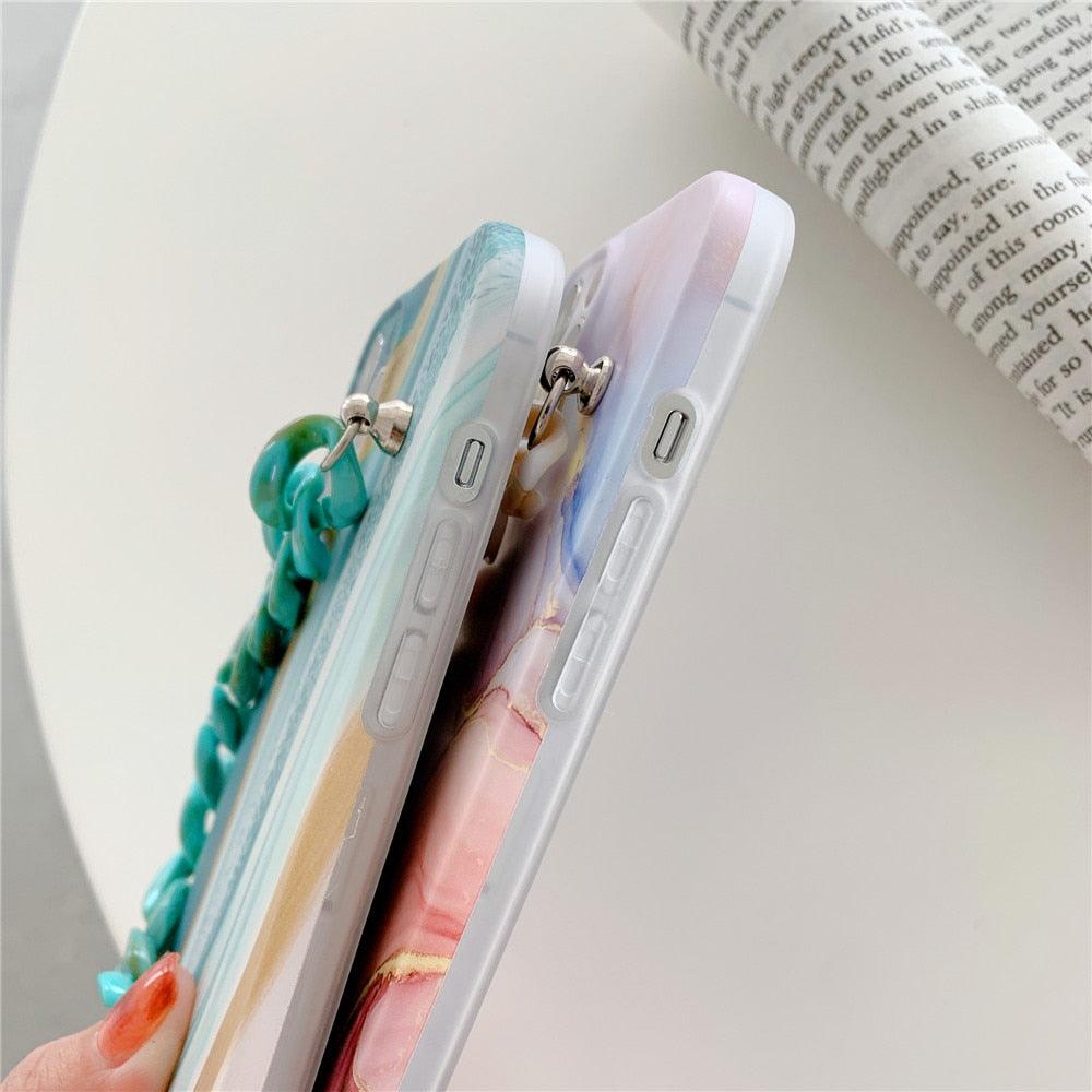 Marble Wriststrap Bracelet Chain Phone Case For iPhone 14 13 Pro Max 12 11 XS XR X 7 8 Plus SE 2020 Silicone Back Cover Colorful Silicone Fashion Pattern Ultra Thin Slim Bumper Shockproof Protective Case with Chain Wrist Strap Marble Iphone Case Stevvex