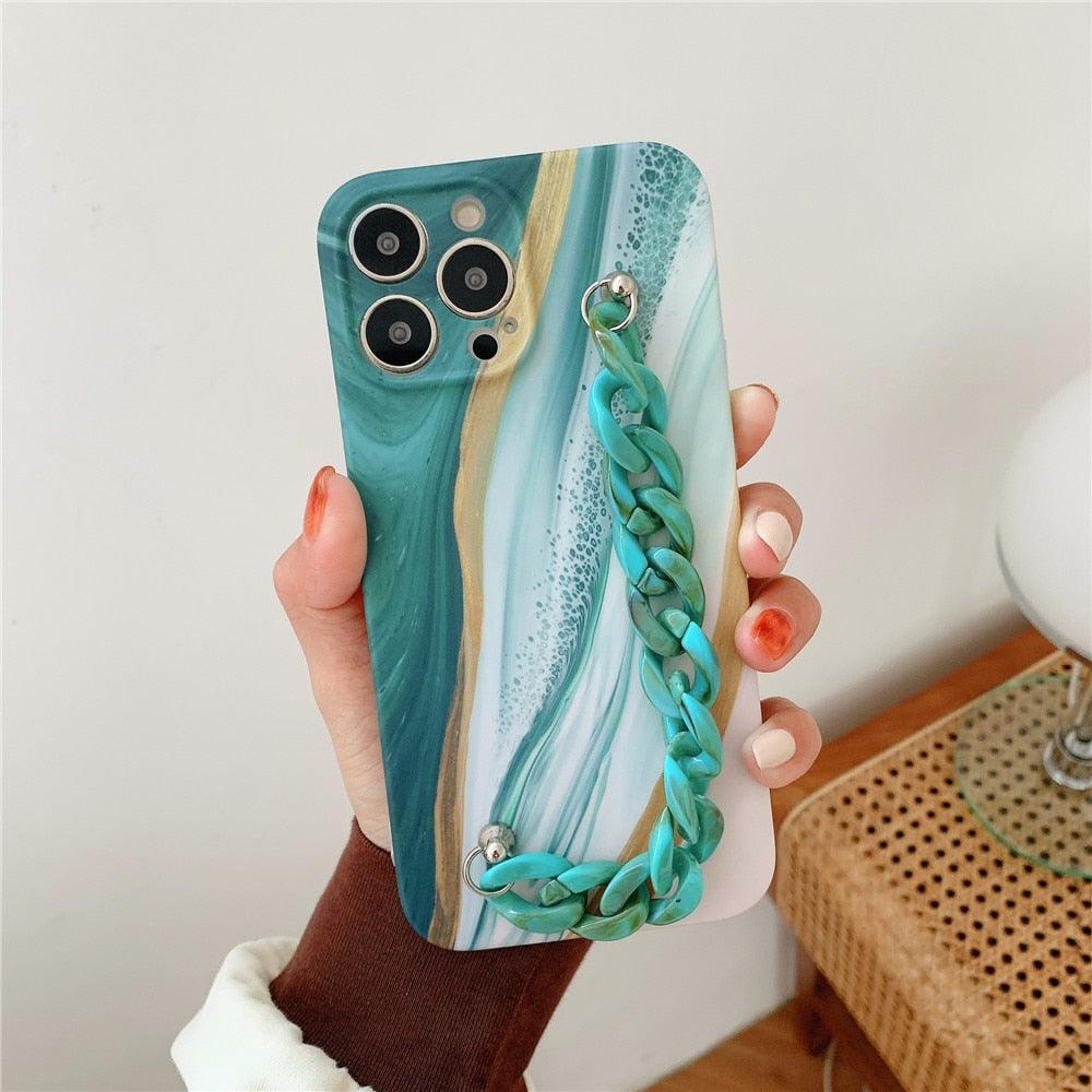 Marble Wriststrap Bracelet Chain Phone Case For iPhone 14 13 Pro Max 12 11 XS XR X 7 8 Plus SE 2020 Silicone Back Cover Colorful Silicone Fashion Pattern Ultra Thin Slim Bumper Shockproof Protective Case with Chain Wrist Strap Marble Iphone Case Stevvex