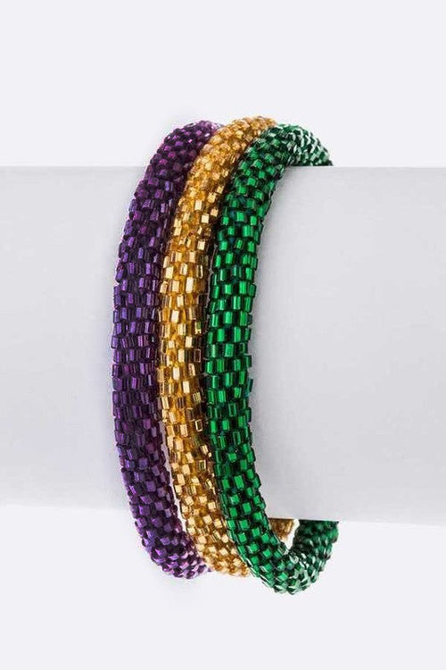 Mardi Gras Beaded Nepal Bracelet Set Purple Gold Green
