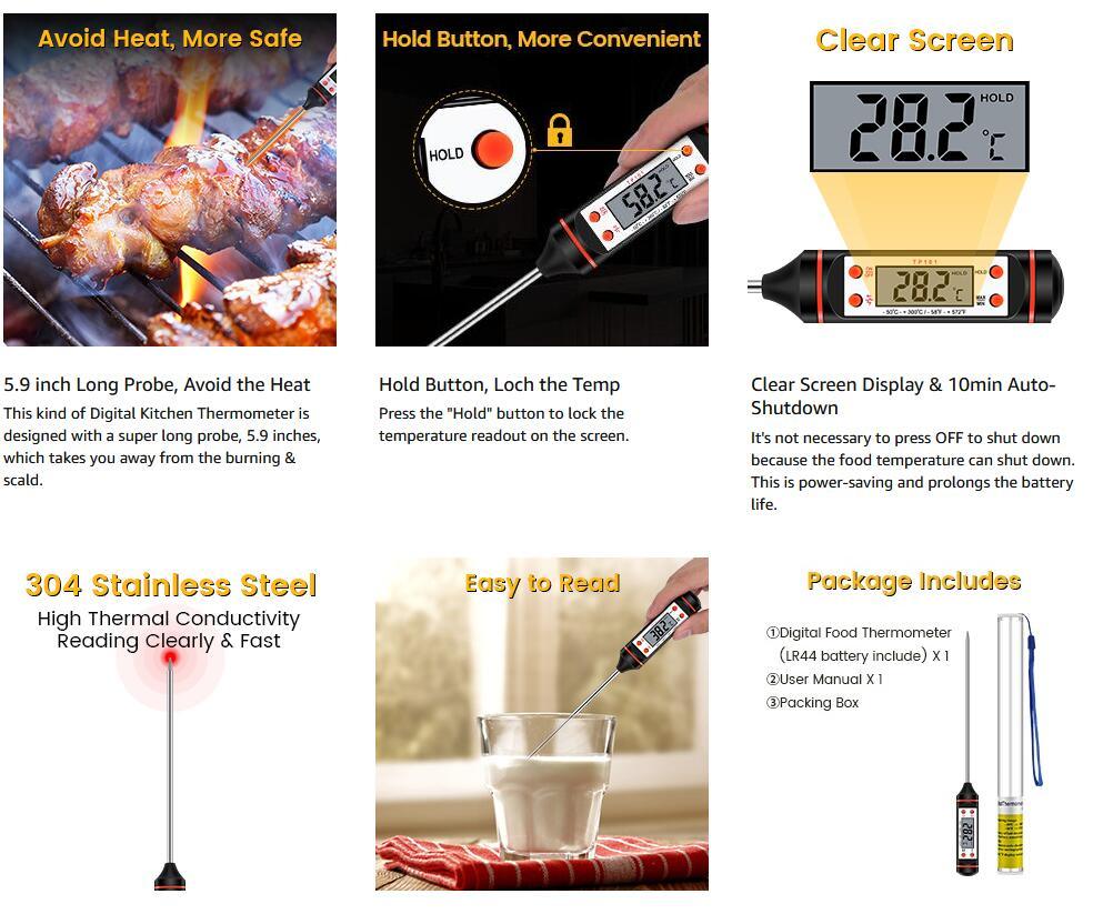 Meat Thermometer Digital Cooking Food Digital Candy Cooking Thermometer Kitchen Cooking Thermometer Instant Read for BBQ Grill Oil Milk Bath Water Deep Fry Kitchen BBQ Probe Water Milk Oil Liquid Oven Digital Temperature Sensor Meter Thermocouple Stevvex