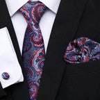 Men Elegant Red Silk Tie Classic Necktie Cufflinks Set Business Necktie With Handkerchief Perfect Match With Wedding Suit Stevvex