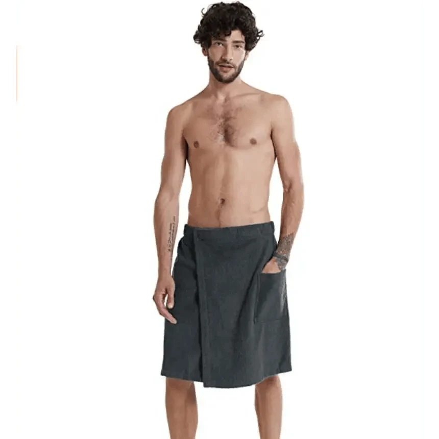 Men Plush Fleece Wrap Spa Gym Bath Wrap Solid Color Classy Design Bathrobes With Pocket Trendy Men's Bath Wrap Stevvex