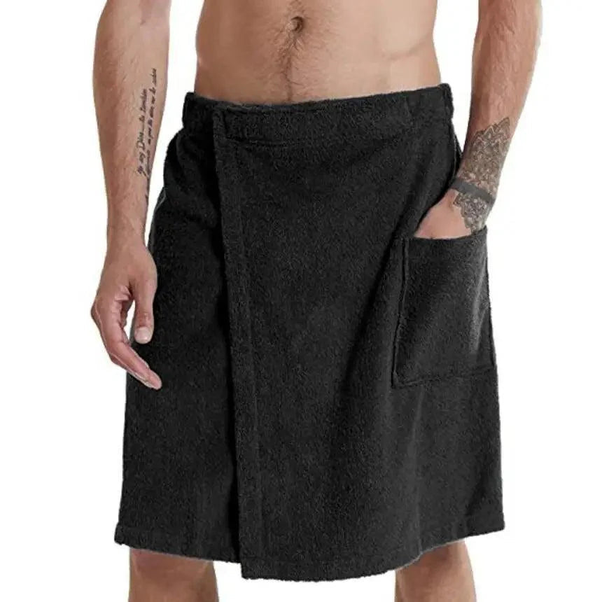 Men Plush Fleece Wrap Spa Gym Bath Wrap Solid Color Classy Design Bathrobes With Pocket Trendy Men's Bath Wrap Stevvex