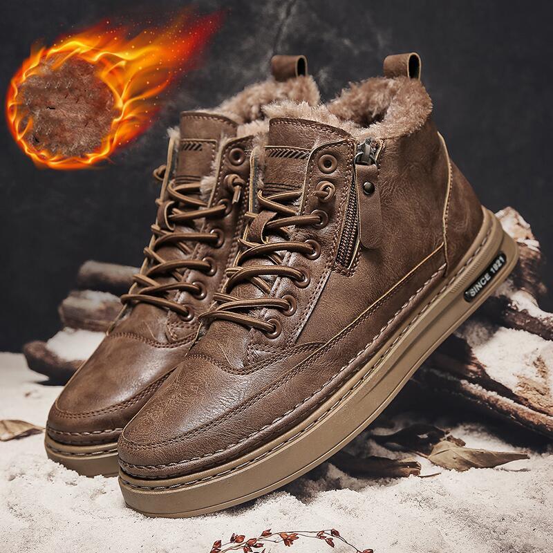 Men's Winter Cotton Shoes High-Top Fashion Casual Trend Boots Flat Shoes Winter Snow Boots Warm Ankle Booties Outdoor Work Shoes For Cold Weather Soft Comfortable Walking Brown Shoes Stevvex