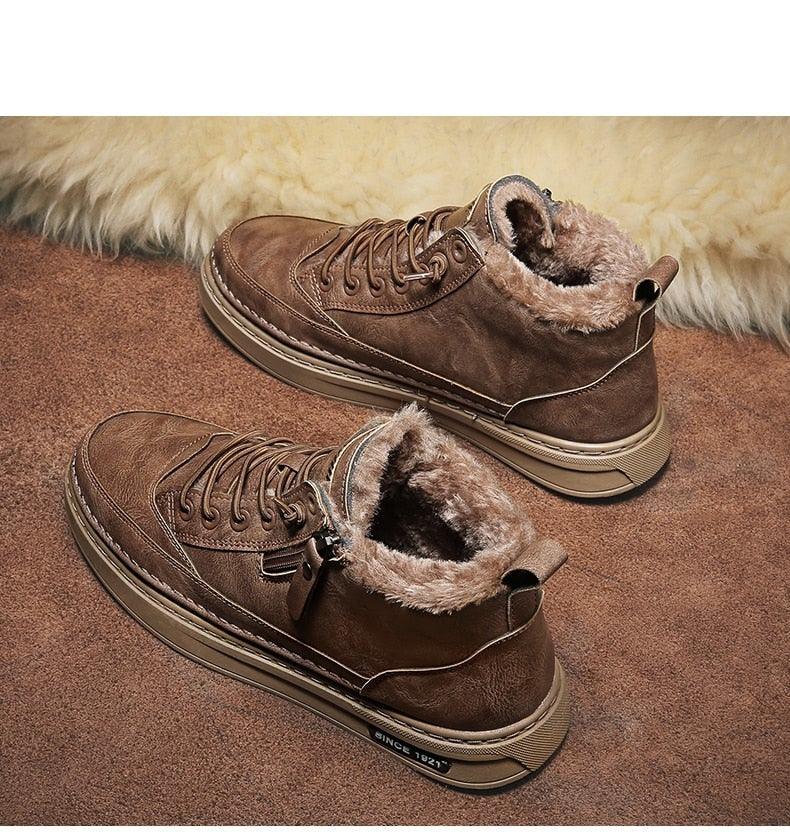 Men's Winter Cotton Shoes High-Top Fashion Casual Trend Boots Flat Shoes Winter Snow Boots Warm Ankle Booties Outdoor Work Shoes For Cold Weather Soft Comfortable Walking Brown Shoes Stevvex