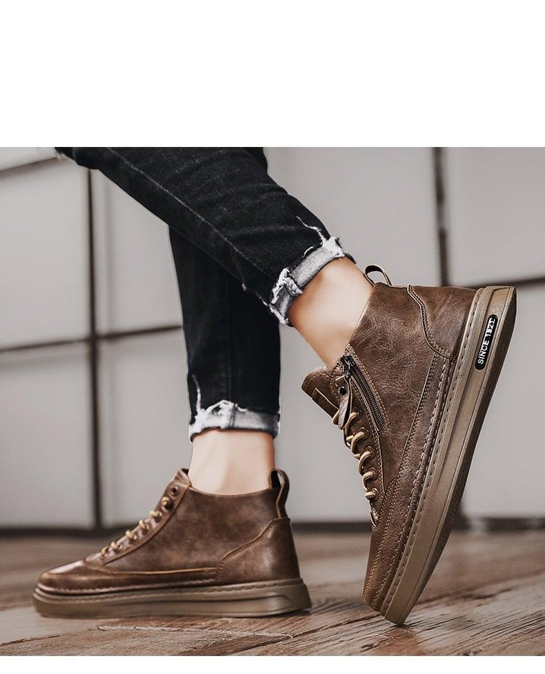 Men's Winter Cotton Shoes High-Top Fashion Casual Trend Boots Flat Shoes Winter Snow Boots Warm Ankle Booties Outdoor Work Shoes For Cold Weather Soft Comfortable Walking Brown Shoes Stevvex
