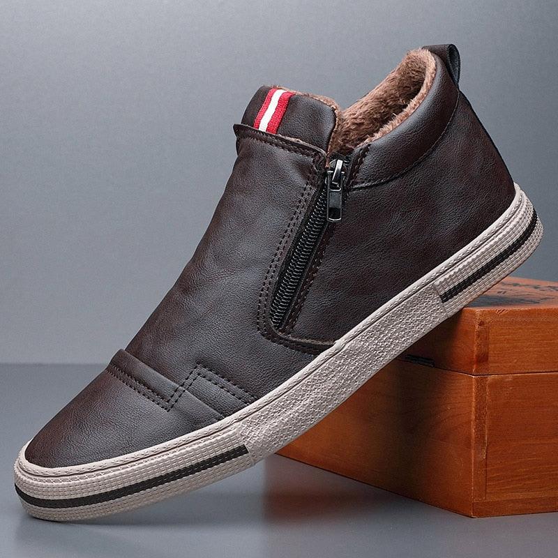 Mens Casual Winter Warm Ankle Boots Fashion Snow Boots Outdoor Footwear Black Sneakers Men's Leather Lined Warm Anti-slip Outdoor Work Shoes Stevvex