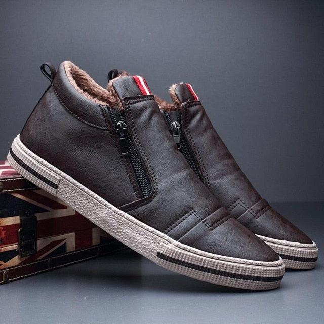 Mens Casual Winter Warm Ankle Boots Fashion Snow Boots Outdoor Footwear Black Sneakers Men's Leather Lined Warm Anti-slip Outdoor Work Shoes Stevvex