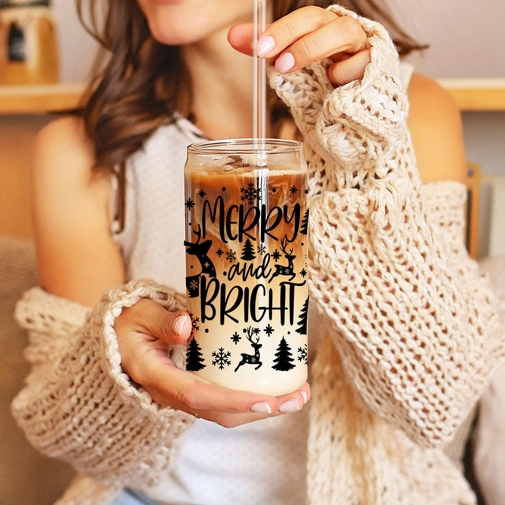 Merry And Bright 17oz Holiday Mug With Reindeer Snowflake Tree Black Lettering BandsCo Straps