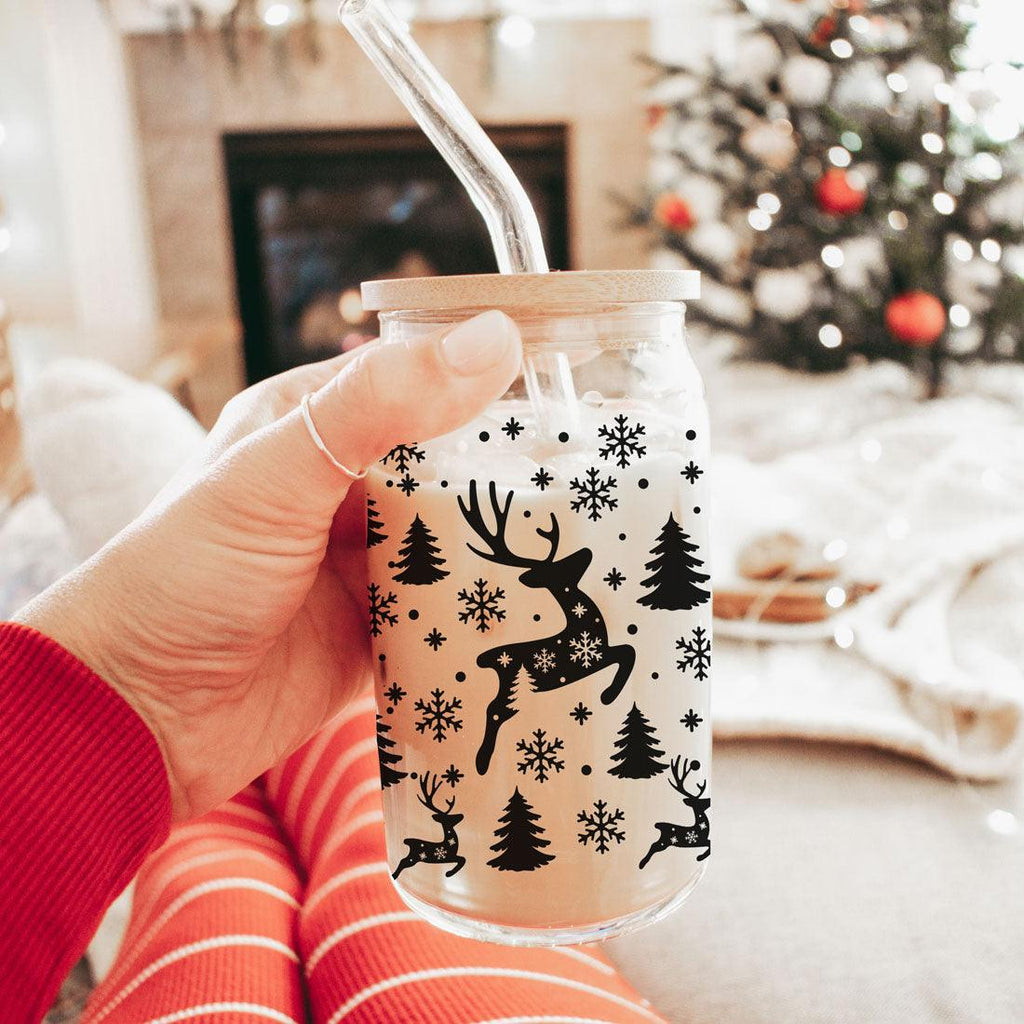 Merry And Bright 17oz Holiday Mug With Reindeer Snowflake Tree Black Lettering BandsCo Straps