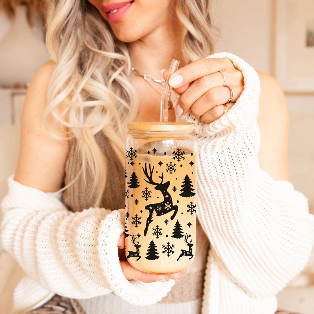 Merry And Bright 17oz Holiday Mug With Reindeer Snowflake Tree Black Lettering BandsCo Straps