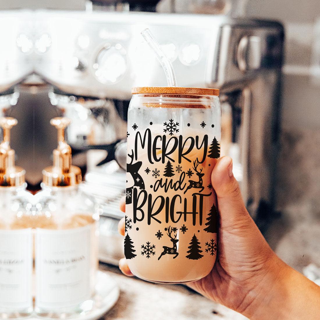 Merry And Bright 17oz Holiday Mug With Reindeer Snowflake Tree Black Lettering BandsCo Straps