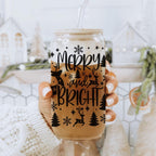 Merry And Bright 17oz Holiday Mug With Reindeer Snowflake Tree Black Lettering BandsCo Straps