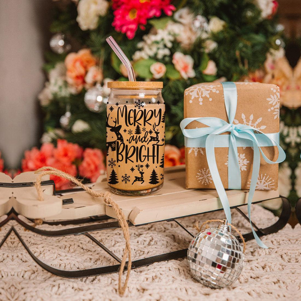 Merry And Bright 17oz Holiday Mug With Reindeer Snowflake Tree Black Lettering BandsCo Straps
