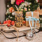 Merry And Bright 17oz Holiday Mug With Reindeer Snowflake Tree Black Lettering BandsCo Straps