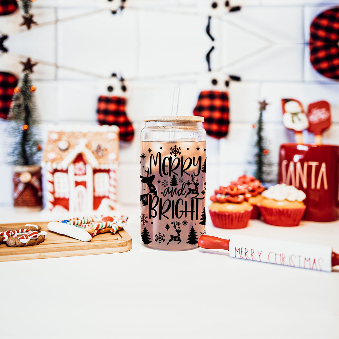 Merry And Bright 17oz Holiday Mug With Reindeer Snowflake Tree Black Lettering BandsCo Straps
