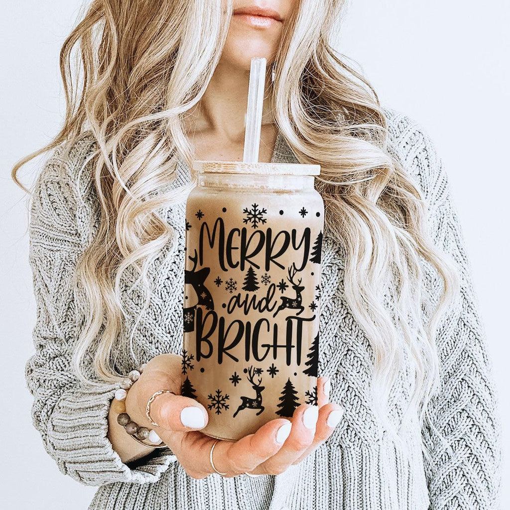 Merry And Bright 17oz Holiday Mug With Reindeer Snowflake Tree Black Lettering BandsCo Straps