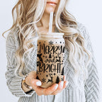 Merry And Bright 17oz Holiday Mug With Reindeer Snowflake Tree Black Lettering BandsCo Straps