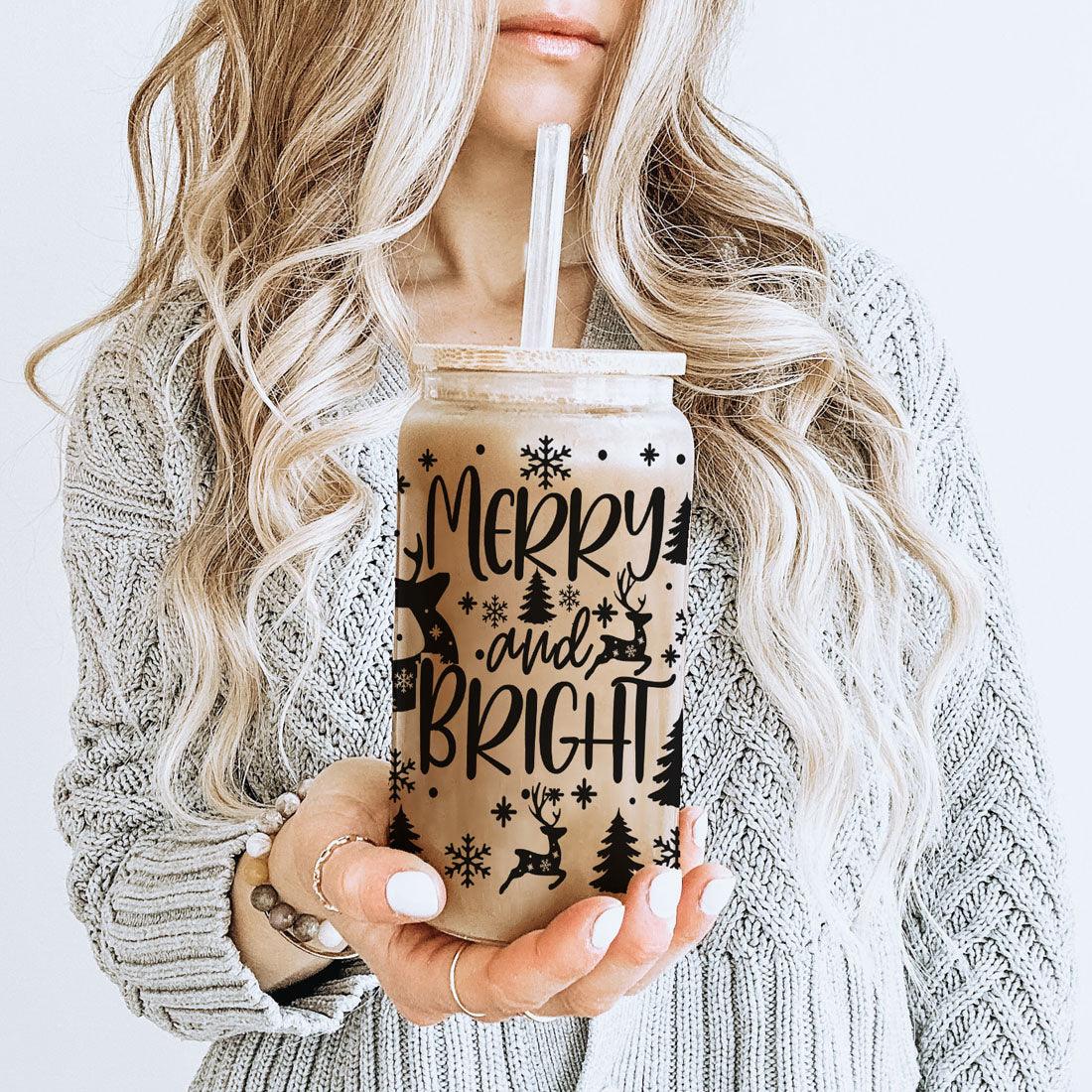 Merry And Bright 17oz Holiday Mug With Reindeer Snowflake Tree Black Lettering BandsCo Straps