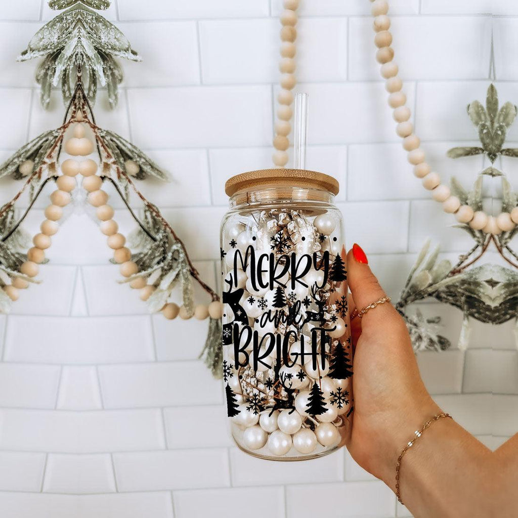 Merry And Bright 17oz Holiday Mug With Reindeer Snowflake Tree Black Lettering BandsCo Straps