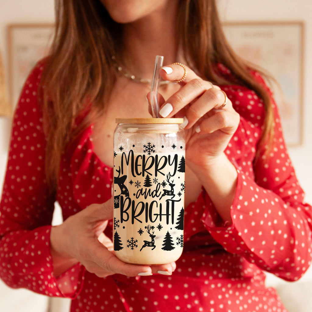 Merry And Bright 17oz Holiday Mug With Reindeer Snowflake Tree Black Lettering BandsCo Straps