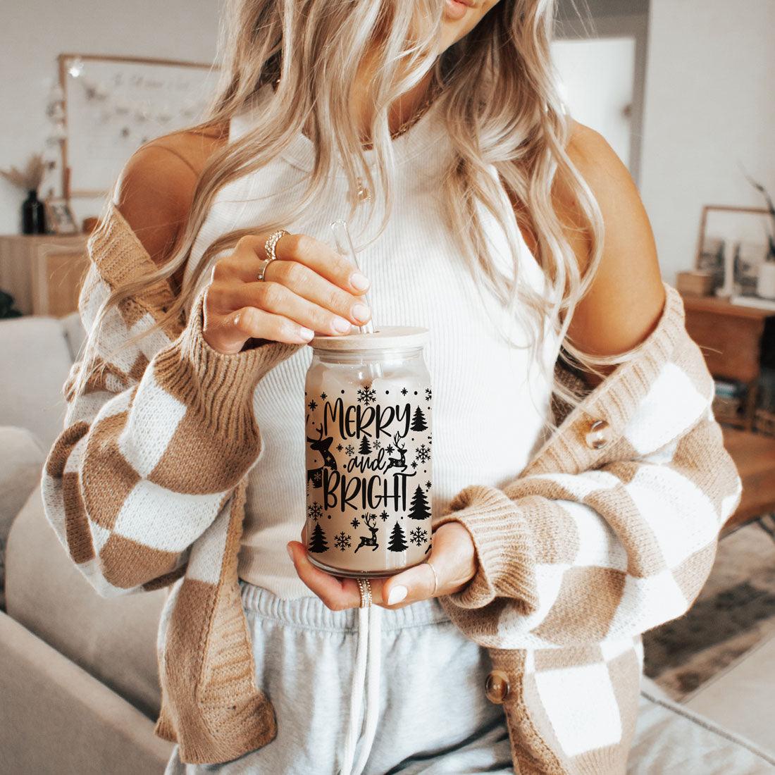 Merry And Bright 17oz Holiday Mug With Reindeer Snowflake Tree Black Lettering BandsCo Straps