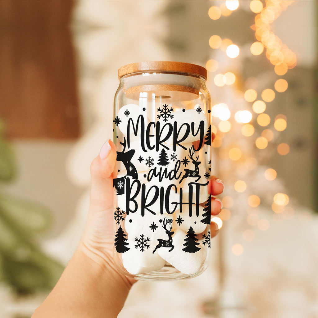 Merry And Bright 17oz Holiday Mug With Reindeer Snowflake Tree Black Lettering BandsCo Straps