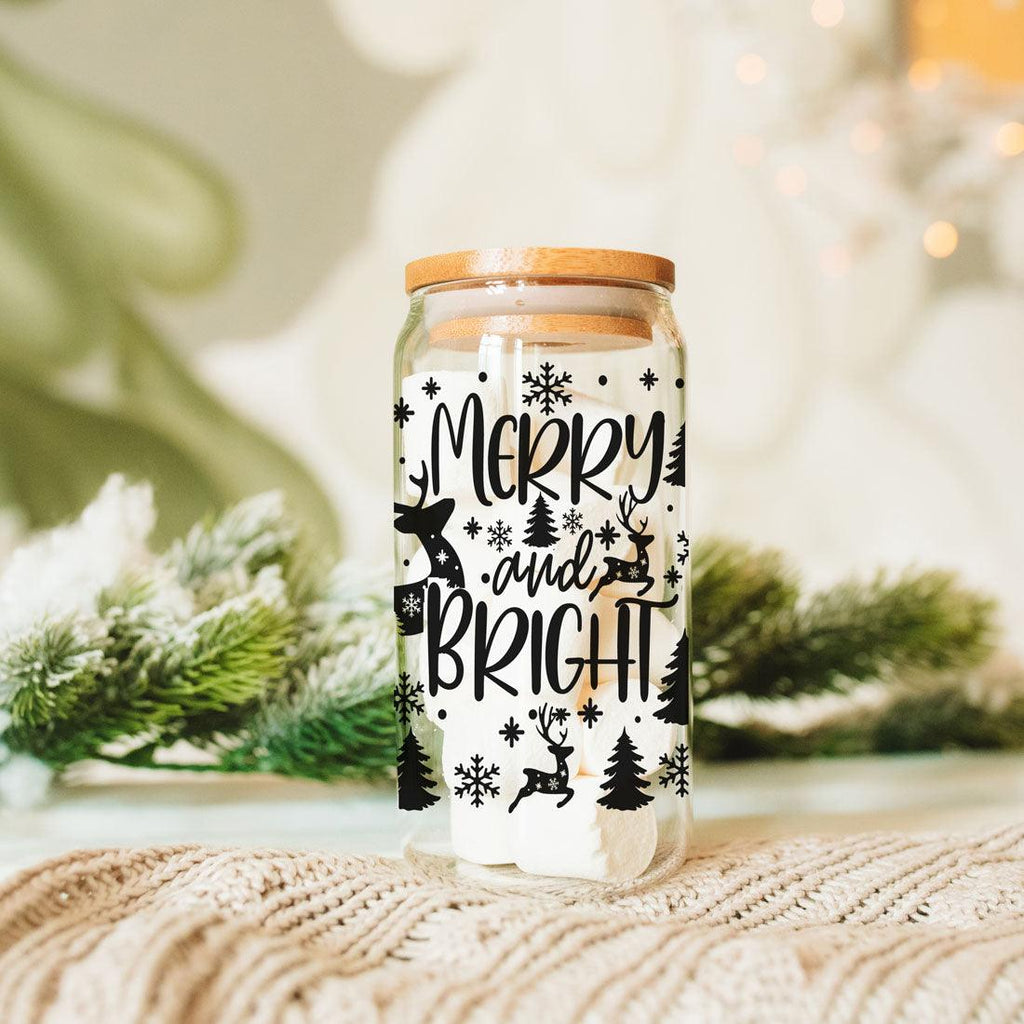 Merry And Bright 17oz Holiday Mug With Reindeer Snowflake Tree Black Lettering BandsCo Straps