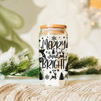 Merry And Bright 17oz Holiday Mug With Reindeer Snowflake Tree Black Lettering BandsCo Straps