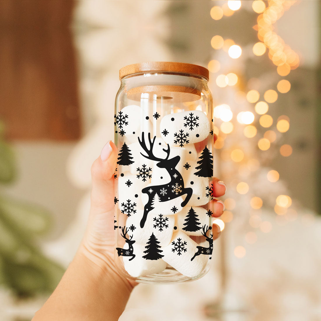 Merry And Bright 17oz Holiday Mug With Reindeer Snowflake Tree Black Lettering BandsCo Straps