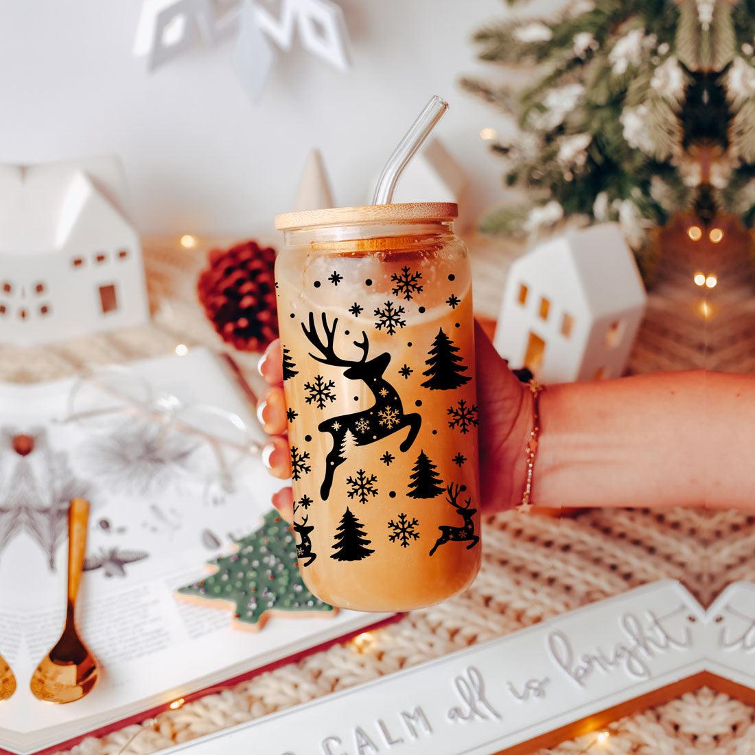 Merry And Bright 17oz Holiday Mug With Reindeer Snowflake Tree Black Lettering BandsCo Straps