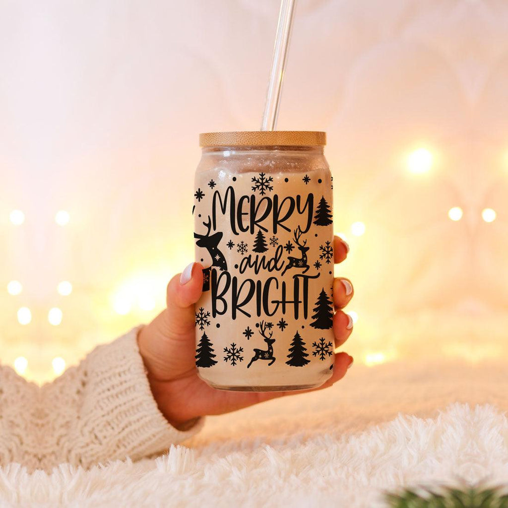 Merry And Bright 17oz Holiday Mug With Reindeer Snowflake Tree Black Lettering BandsCo Straps