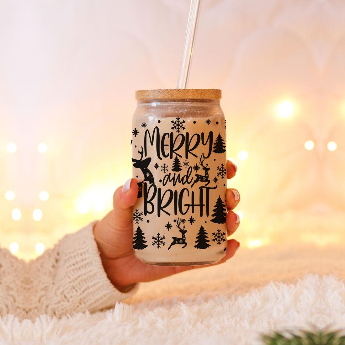 Merry And Bright 17oz Holiday Mug With Reindeer Snowflake Tree Black Lettering BandsCo Straps
