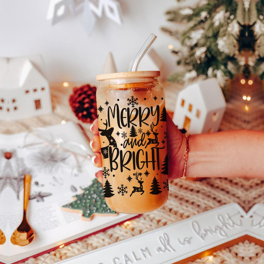 Merry And Bright 17oz Holiday Mug With Reindeer Snowflake Tree Black Lettering BandsCo Straps