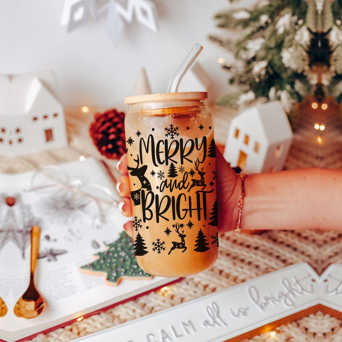 Merry And Bright 17oz Holiday Mug With Reindeer Snowflake Tree Black Lettering BandsCo Straps