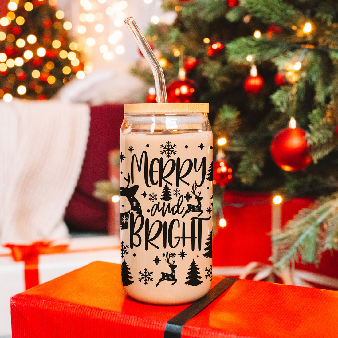 Merry And Bright 17oz Holiday Mug With Reindeer Snowflake Tree Black Lettering BandsCo Straps